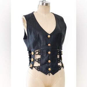 Cache Black Leather lace up side detail Vest with Gold Accents